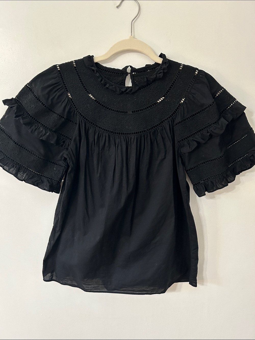 H&M Blouse Black Ruffle Lace Yoke Puffed Sleeve Eyelet High Neck Women's Top